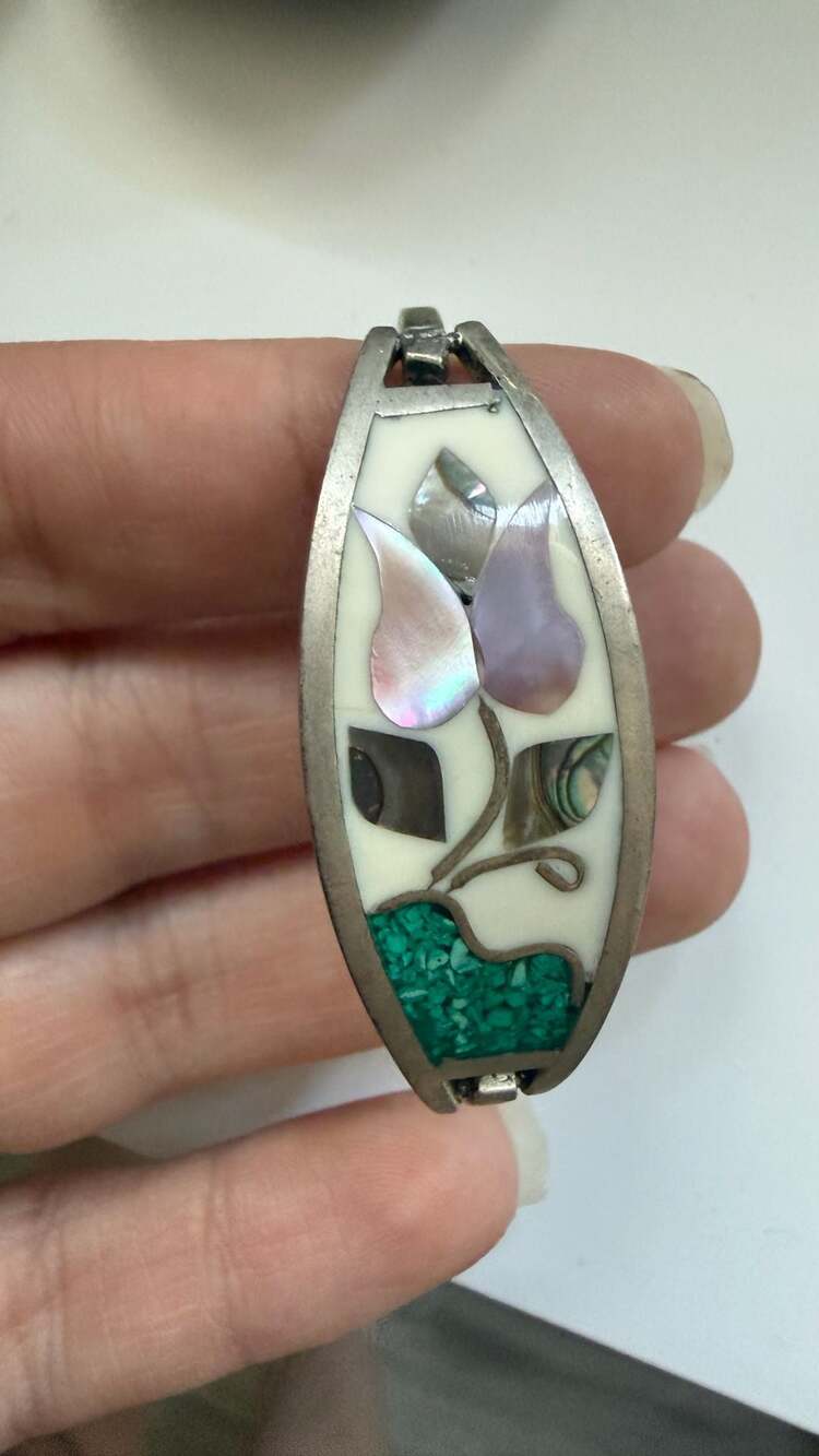 Vintage Mexican Inlay Floral Bangle Bracelet Mother of Pearl and Turquoise